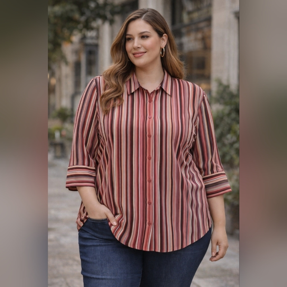 Striped Blouse Womens 1X Button Front Top Business Casual Chic Work